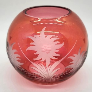 Small Cranberry Flashed Glass Vase with Etched Florals