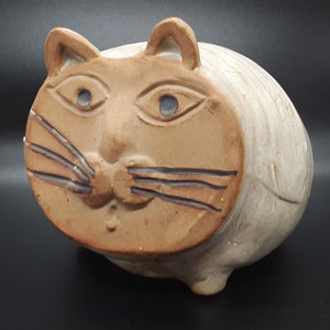 Vintage Art Pottery Flat Faced Cat Coin Bank / Lisa Larson Inspired