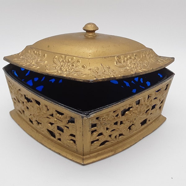 Vintage Gold Tone Lidded Jewelry Box Casket with Cobalt Glass Insert