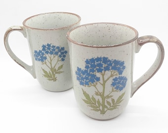 Set of Two (2) Speckled Stoneware Floral Mugs