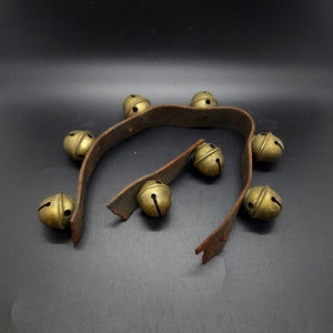 Eight (8) Antique Brass Petal Bells on Leather Strap