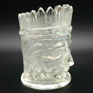 Joe St. Clair/Summit Glass Clear Iridescent Toothpick Holder, Native American Indian, Unmarked