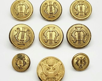 Vintage Brass Military Army Buttons / 8 Band Uniform, 1 Great Seal