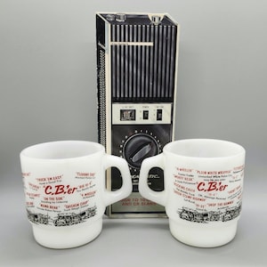 Vintage CB Radio Collector&#39;s Set: Fire King Mugs & Radio Shack Slang Card