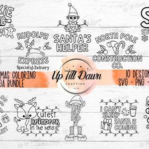 Op de afbeelding: Een set van 10 zwart-witte kerstkleurplaten. De ontwerpen omvatten een koekjesbakploeg, Rudolph, de helper van de kerstman, de bouw van de Noordpool, de kerstman komt, de elf deed het, de schattigste rendier in de kudde, officieel op de goede lijst, en de koekjesbakkampioen.