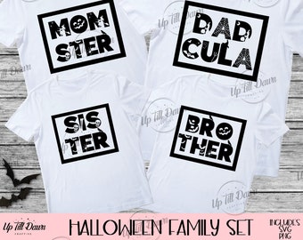 May include: Four white t-shirts with black text and graphics. The shirts say "Momster", "Dadcula", "Sister", and "Brother". The graphics are Halloween-themed and include bats, pumpkins, and skulls.