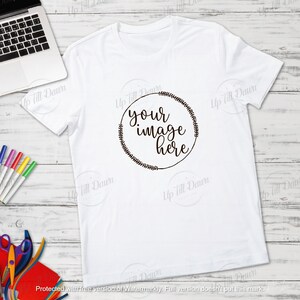 May include: White t-shirt with a black circle design that says "your image here" in a handwritten font.