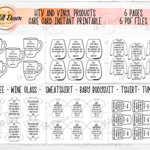 May include: Black and white printable care instructions for HTV and vinyl products. The instructions include washing, drying, and ironing instructions. The instructions are for coffee mugs, wine glasses, sweatshirts, baby bodysuits, t-shirts, and tumblers. The instructions are in a simple, easy-to-read font.