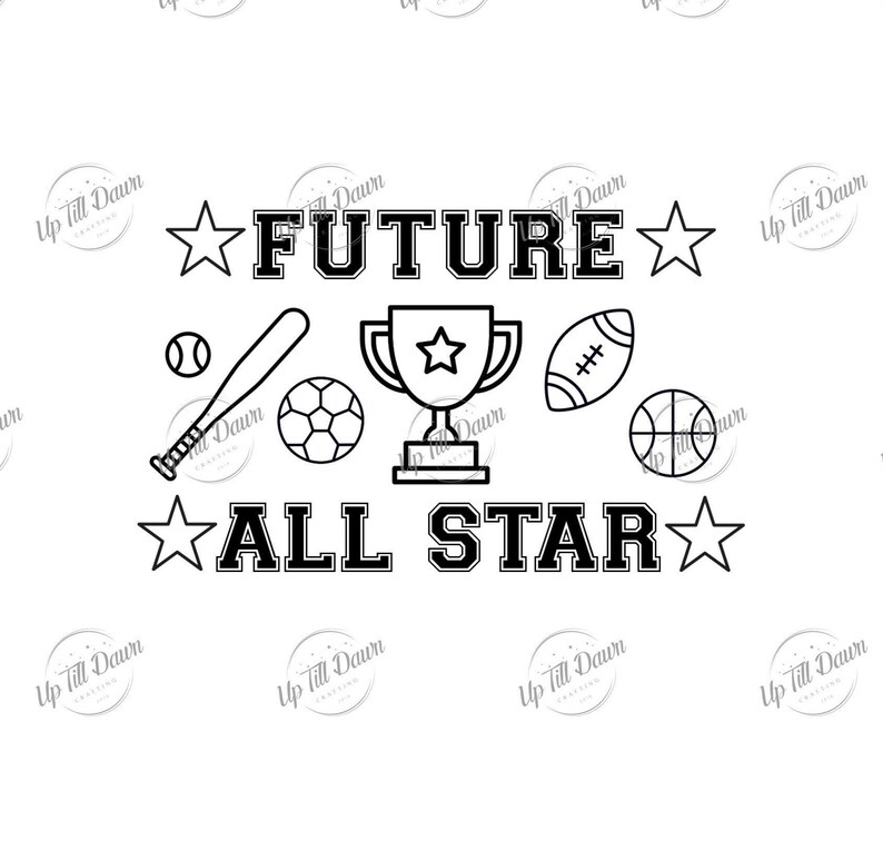 May include: Black and white graphic design with the text "FUTURE ALL STAR" and stars, a trophy, a baseball bat, a baseball, a football, and a basketball.
