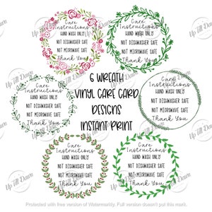 Puede incluir: Seis dise&ntilde;os de corona imprimibles para tarjetas de cuidado de vinilo. Cada dise&ntilde;o presenta una corona verde sobre un fondo blanco con el texto "Care Instructions", "Hand Wash Only", "Not Dishwasher Safe", "Not Microwave Safe" y "Thank You".