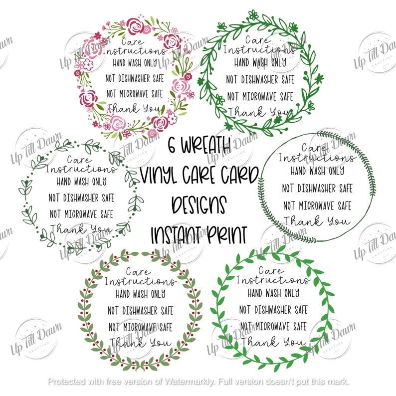 Puede incluir: Seis dise&ntilde;os de corona imprimibles para tarjetas de cuidado de vinilo. Cada dise&ntilde;o presenta una corona verde sobre un fondo blanco con el texto "Care Instructions", "Hand Wash Only", "Not Dishwasher Safe", "Not Microwave Safe" y "Thank You".