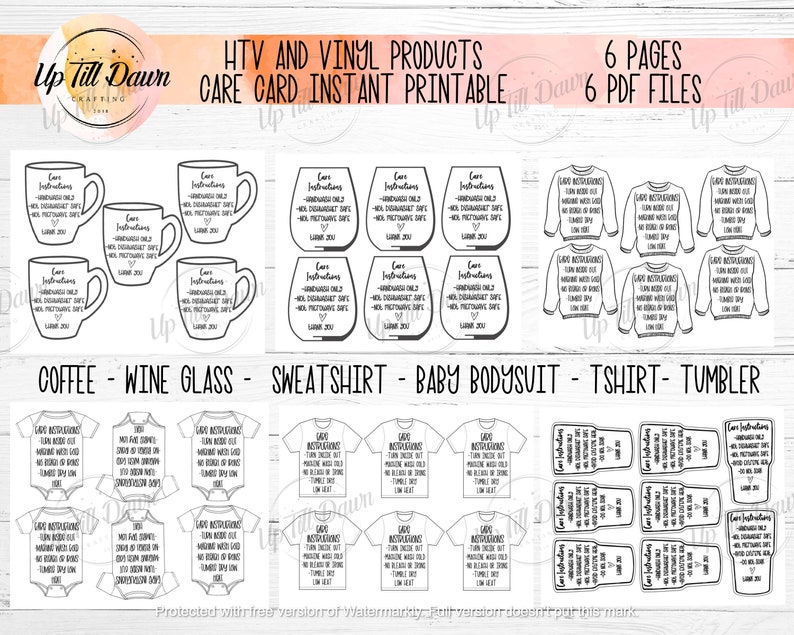 May include: Black and white printable care instructions for HTV and vinyl products. The instructions include washing, drying, and ironing instructions. The instructions are for coffee mugs, wine glasses, sweatshirts, baby bodysuits, t-shirts, and tumblers. The instructions are in a simple, easy-to-read font.