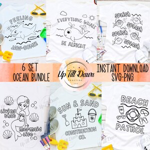 May include: A set of six black and white ocean-themed SVG and PNG digital files for crafting. The designs include a shark, whale, fish, mermaid, sandcastle, and beach patrol.