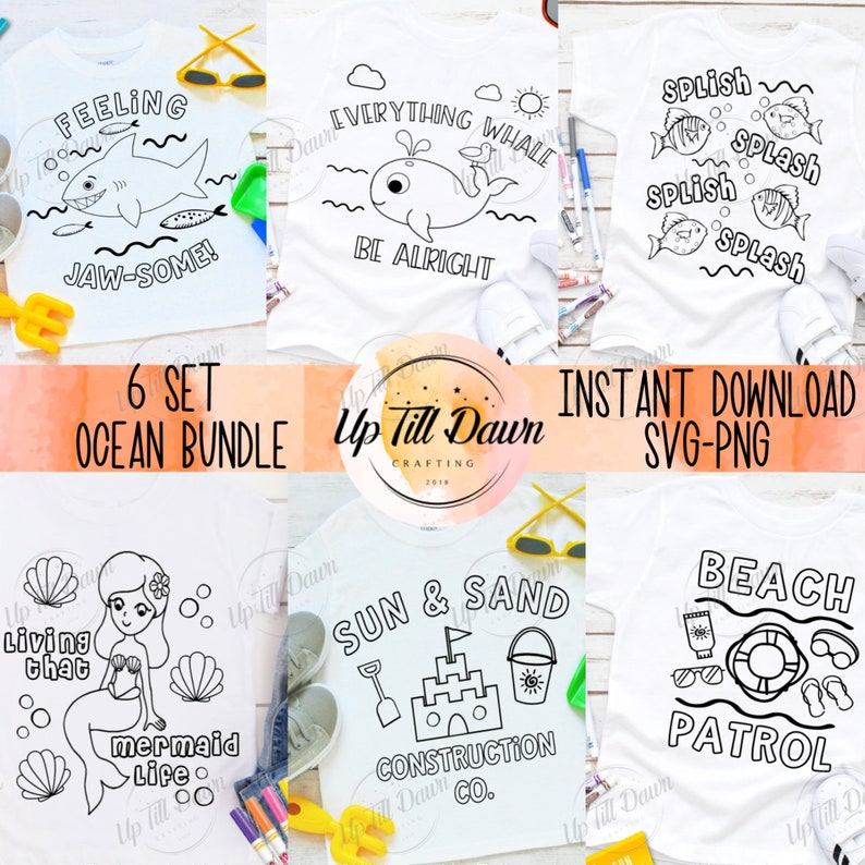 May include: A set of six black and white ocean-themed SVG and PNG digital files for crafting. The designs include a shark, whale, fish, mermaid, sandcastle, and beach patrol.