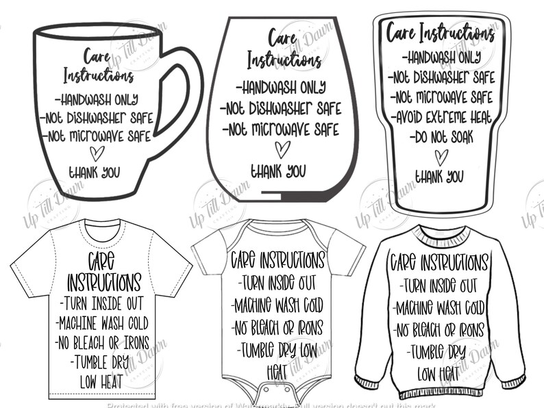 May include: Black and white care instructions for different items. The instructions include handwashing, dishwasher safe, microwave safe, and turning inside out. The instructions are for a mug, a glass, a t-shirt, a onesie, and a sweater.
