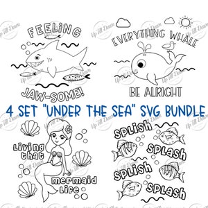 Pode incluir: Um conjunto de quatro arquivos de corte SVG em preto e branco com temas submarinos. Os designs incluem um tubar&atilde;o com o texto "Feeling Jaw-some!" uma baleia com o texto "Everything Whale Be Alright", uma sereia com o texto "Living That Mermaid Life", e um conjunto de peixes com o texto "Splish Splash".