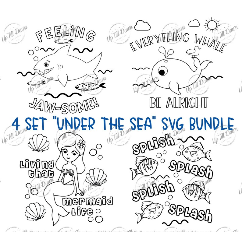 Pode incluir: Um conjunto de quatro arquivos de corte SVG em preto e branco com temas submarinos. Os designs incluem um tubar&atilde;o com o texto "Feeling Jaw-some!" uma baleia com o texto "Everything Whale Be Alright", uma sereia com o texto "Living That Mermaid Life", e um conjunto de peixes com o texto "Splish Splash".