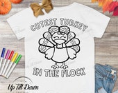 Thanksgiving Coloring SVG, Cutest Turkey In the Flock SVG, Thanksgiving Kids Shirt SVG