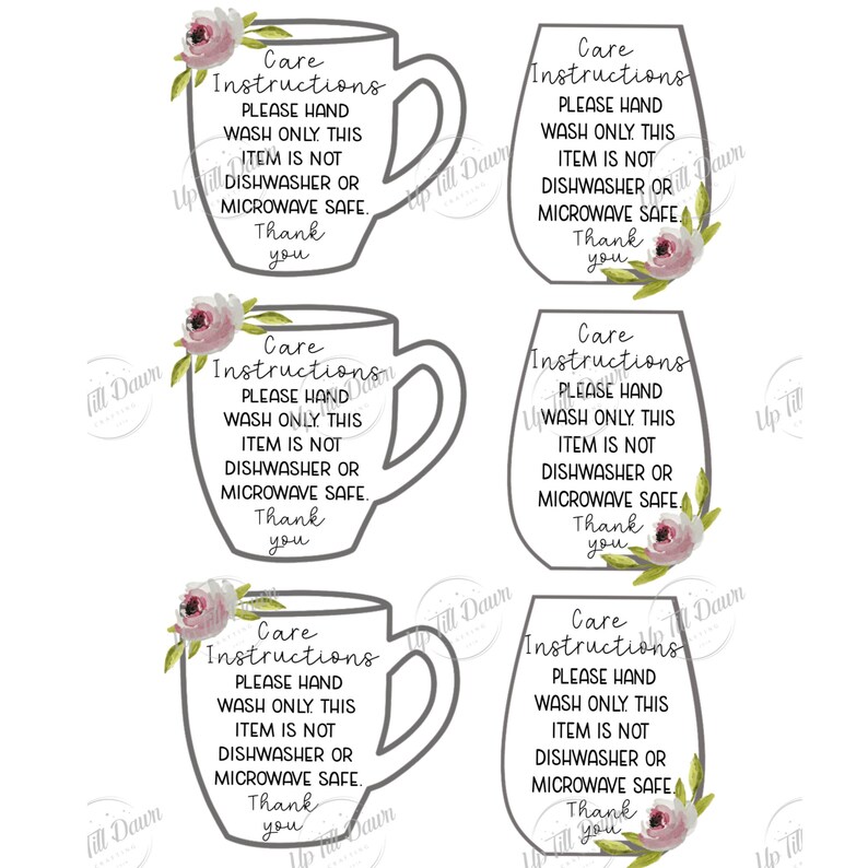 K&ouml;nnte beinhalten: F&uuml;nf wei&szlig;e Keramikbecher mit grauer Umrandung und Henkel. Jeder Becher hat ein Blumenmuster mit rosa und wei&szlig;en Bl&uuml;ten. Der Text "Care Instructions" ist auf jedem Becher aufgedruckt, zusammen mit den Anweisungen "Bitte nur von Hand waschen. Dieser Artikel ist nicht sp&uuml;lmaschinen- oder mikrowellengeeignet. Danke."