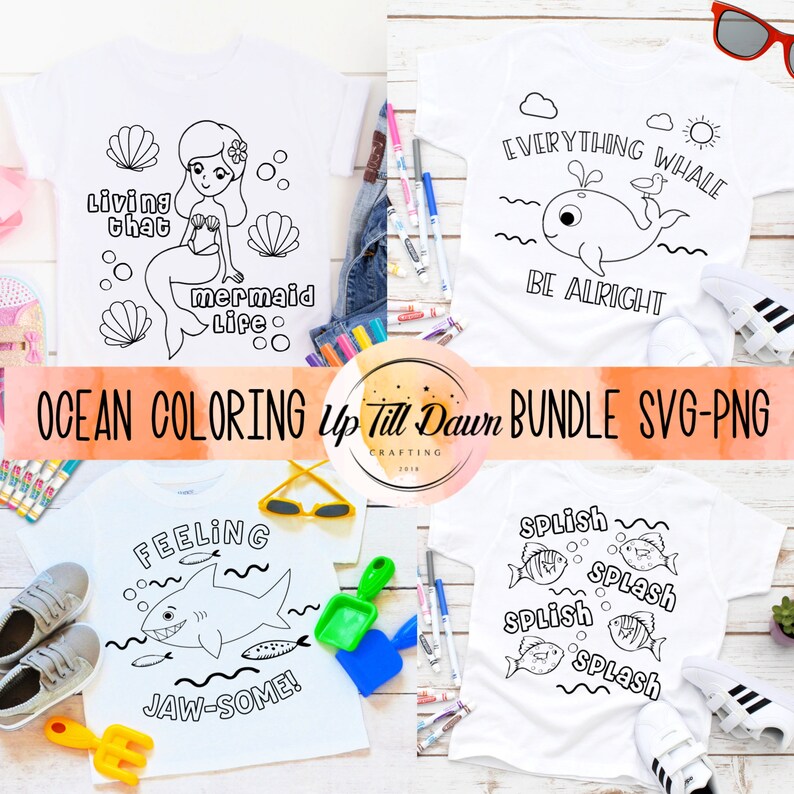 Pode incluir: Quatro camisetas brancas com desenhos de linha preta de designs com tema oce&acirc;nico. Os desenhos incluem uma sereia, uma baleia, um tubar&atilde;o e peixes. O texto nas camisetas diz "Living that mermaid life", "Everything whale be alright", "Feeling jaw-some!" e "Splish splash".