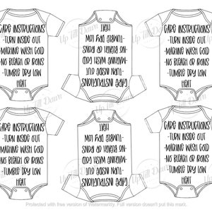 May include: Four black and white illustrations of baby onesies with care instructions printed on the back. The instructions read: "Care Instructions - Turn inside out - Machine wash cold - No bleach or irons - Tumble dry low heat".