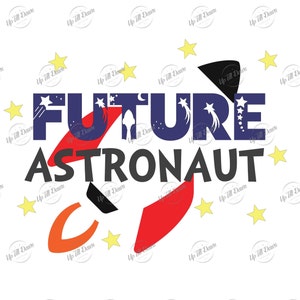 May include: A graphic design with the text "FUTURE ASTRONAUT" in black and blue letters. The letters are decorated with stars and a rocket ship design in red, orange, and black.