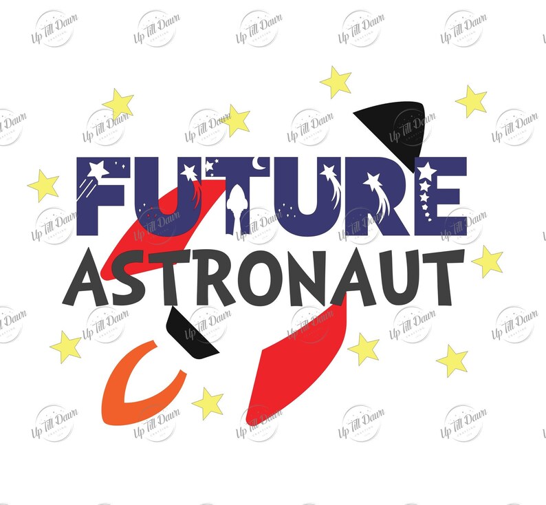 May include: A graphic design with the text "FUTURE ASTRONAUT" in black and blue letters. The letters are decorated with stars and a rocket ship design in red, orange, and black.