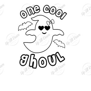 May include: Black and white line art illustration of a ghost wearing sunglasses and a bow. The ghost is flying with bats around it. The text "one cool ghoul" is written around the ghost.