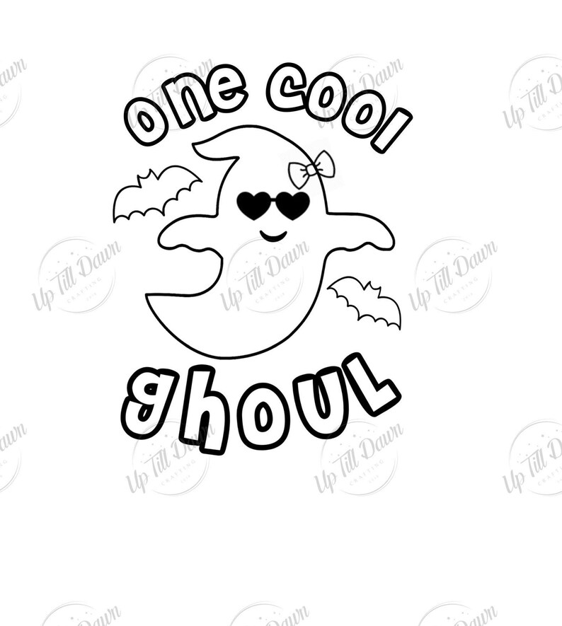 May include: Black and white line art illustration of a ghost wearing sunglasses and a bow. The ghost is flying with bats around it. The text "one cool ghoul" is written around the ghost.