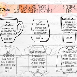 Puede incluir: Instrucciones de cuidado imprimibles para productos HTV y vinilo. Los diseños incluyen una taza, un vaso, una camiseta, un body y un suéter. Las instrucciones incluyen lavado a mano, seguridad del lavavajillas y del microondas, e instrucciones de lavado y secado.