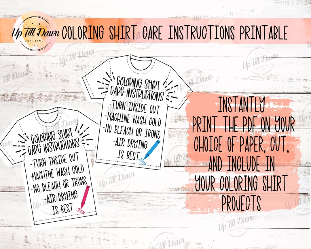 Coloring Shirt Care Card Printable, Personalized Products Care Instructions, Shirt Care Card ...