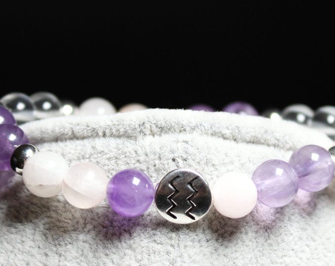Zodiac Crystal Healing Bracelet: Amethyst, Quartz, Rose Quartz