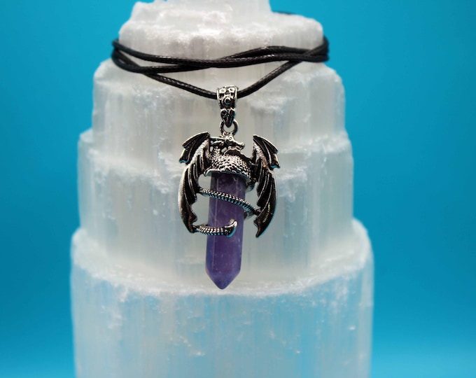 Amethyst Crystal Pendant with Dragon Design — Protection • Intuition • Calm