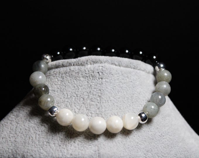 White Moonstone Bracelet: Onyx & Labradorite Healing Crystal Jewelry