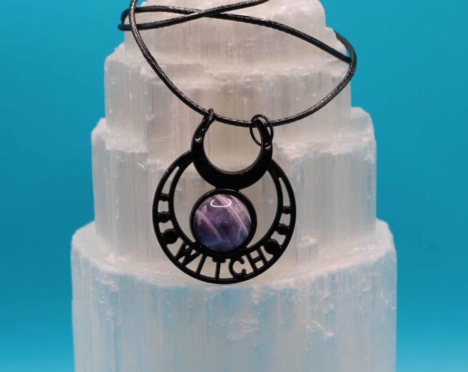 Black WITCH Moon Pendant Necklace – Choose Your Crystal (Amethyst • Lapis Lazuli • Tiger’s Eye)