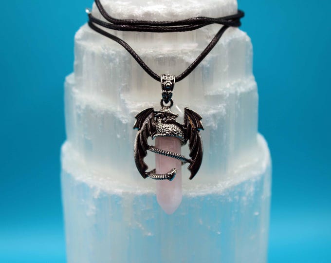 Rose Quartz Crystal Pendant with Dragon Design — Love • Healing • Compassion