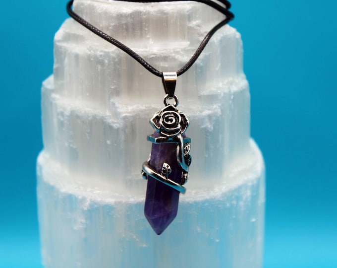 Amethyst Crystal Pendant with Rose Alloy Design — Intuition • Calm • Emotional Healing