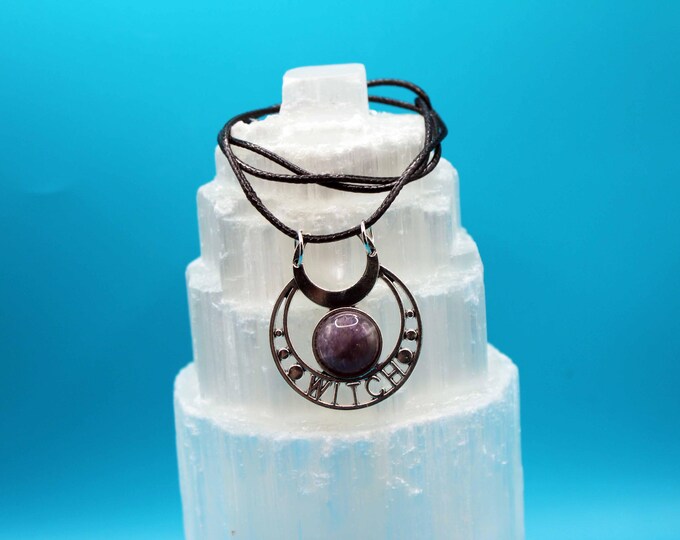 WITCH Moon Pendant Necklace – Choose Your Crystal (Amethyst • Lapis Lazuli • Tiger’s Eye)