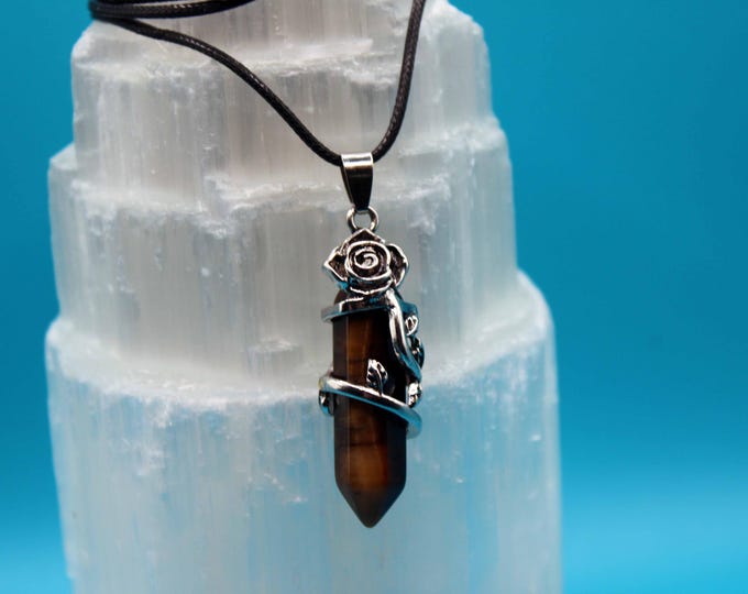 Tiger’s Eye Crystal Pendant with Rose Alloy Design — Strength • Confidence • Protection