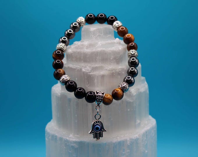 Triple Protection Bracelet w/Evil Eye Charm(Obsidian, Tigers Eye, & Hematite)
