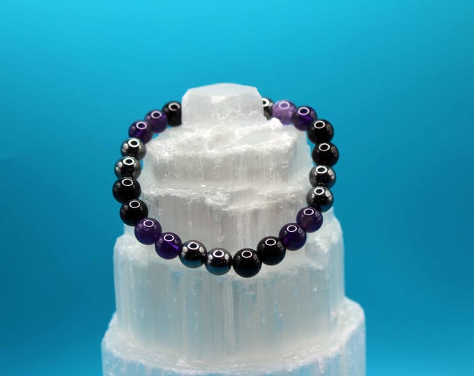 Obsidian, Amethyst, & Hematite Bracelet: Protection Crystal Jewelry