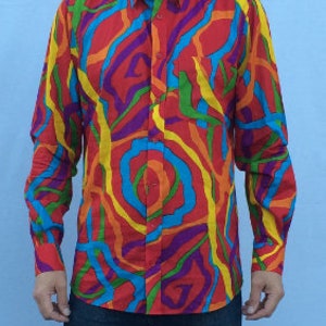 Stage Wear Mens Shirt, Red Orange Blue Mens Shirt, Colorful Mens Long Sleeve Shirt, Hand Made Vibrant Shirt, Unique Gift Cotton Shirt,