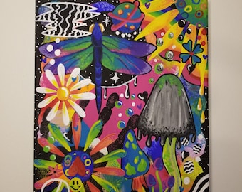 May include: A colorful abstract painting on canvas featuring a dragonfly, flowers, mushrooms, and a peace sign. The background is black with white stars and other abstract shapes.