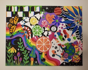 May include: A colorful abstract painting with a rainbow, a butterfly, a peace sign, a lime, a lemon, a grapefruit, a flower, and the words "Hug Me".