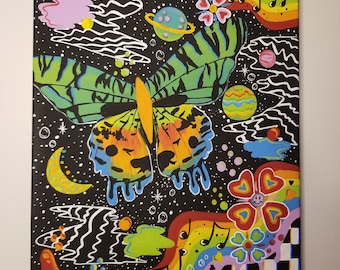 May include: A psychedelic painting of a colorful butterfly with black and white stripes on its wings, set against a black background with stars, planets, and musical notes. The butterfly is surrounded by a rainbow and a checkered pattern.
