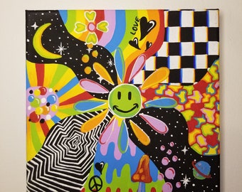 May include: A colorful psychedelic painting on canvas featuring a large flower with a smiley face, a peace sign, a mushroom, hearts, stars, and a checkered pattern. The painting is a mix of bright colors, including yellow, green, blue, red, and pink.