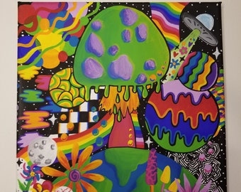 May include: A psychedelic painting on canvas featuring a large green mushroom with purple spots, a rainbow, a chequered pattern, a UFO, and a green planet with flowers. The background is black with white stars.