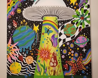 May include: A psychedelic painting depicting a UFO hovering over a planet, with a rainbow beam of light shining down on a field of flowers and mushrooms. The background is a black starry sky with colourful swirls and shapes.