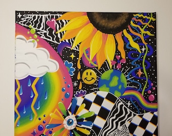 May include: A psychedelic painting on canvas with a black background. The painting features a bright yellow sunflower, a rainbow, a blue cloud with rain, a smiley face, a checkered pattern, and a swirling eye.