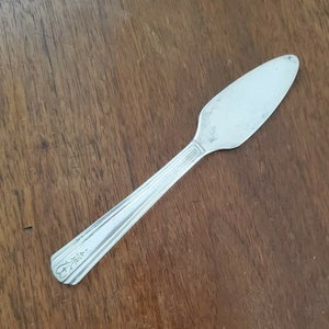 May include: A silver butter knife with a decorative handle. The knife has a pointed tip and a smooth, flat blade.